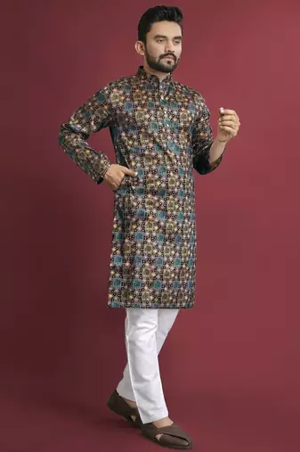 Multicolour printed pure silk straight kurta