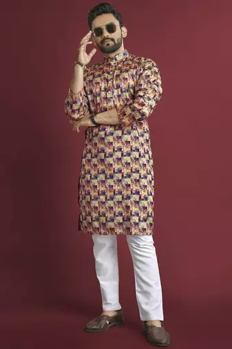 Multicolour printed pure silk straight kurta