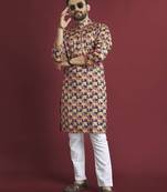 Multicolour printed pure silk straight kurta