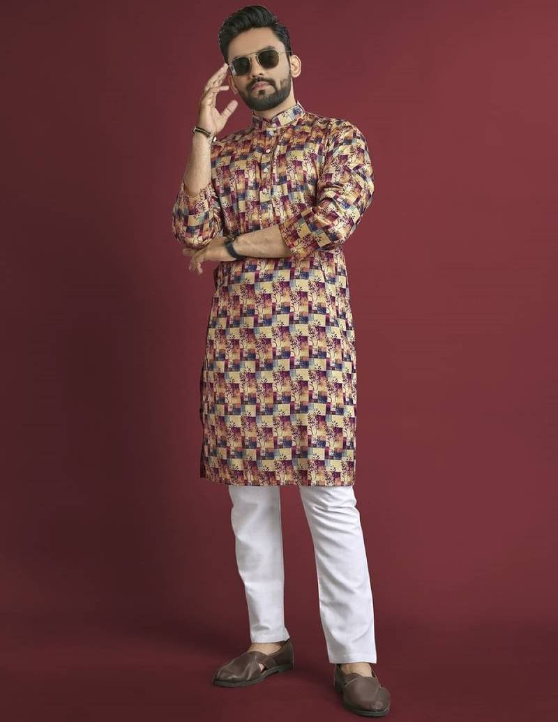 Multicolour printed pure silk straight kurta