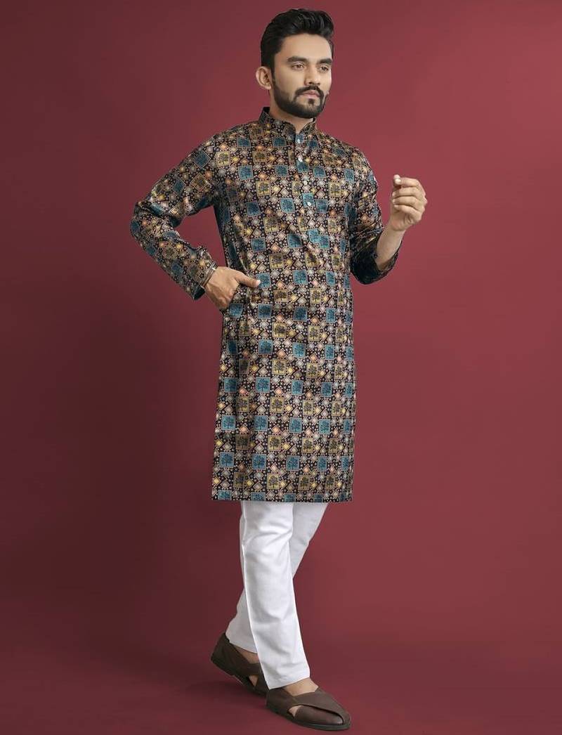 Multicolour printed pure silk straight kurta