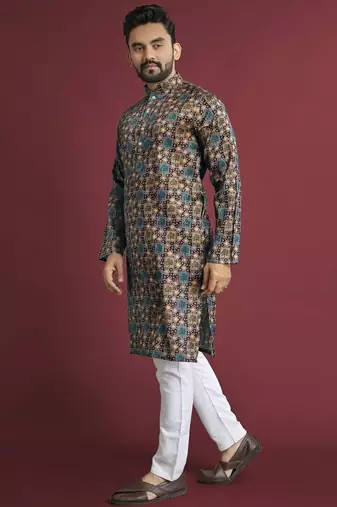 Multicolour printed pure silk straight kurta