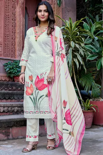 Women Ethnic Motifs Embroidered Roman Kurta with Trouser & Dupatta