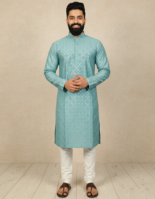 Light blue sequence work soft silk straight kurta pyjama 1