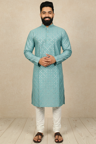 Light blue sequence work soft silk straight kurta pyjama