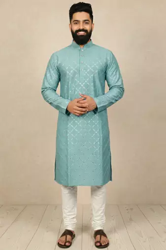 Light blue sequence work soft silk straight kurta pyjama