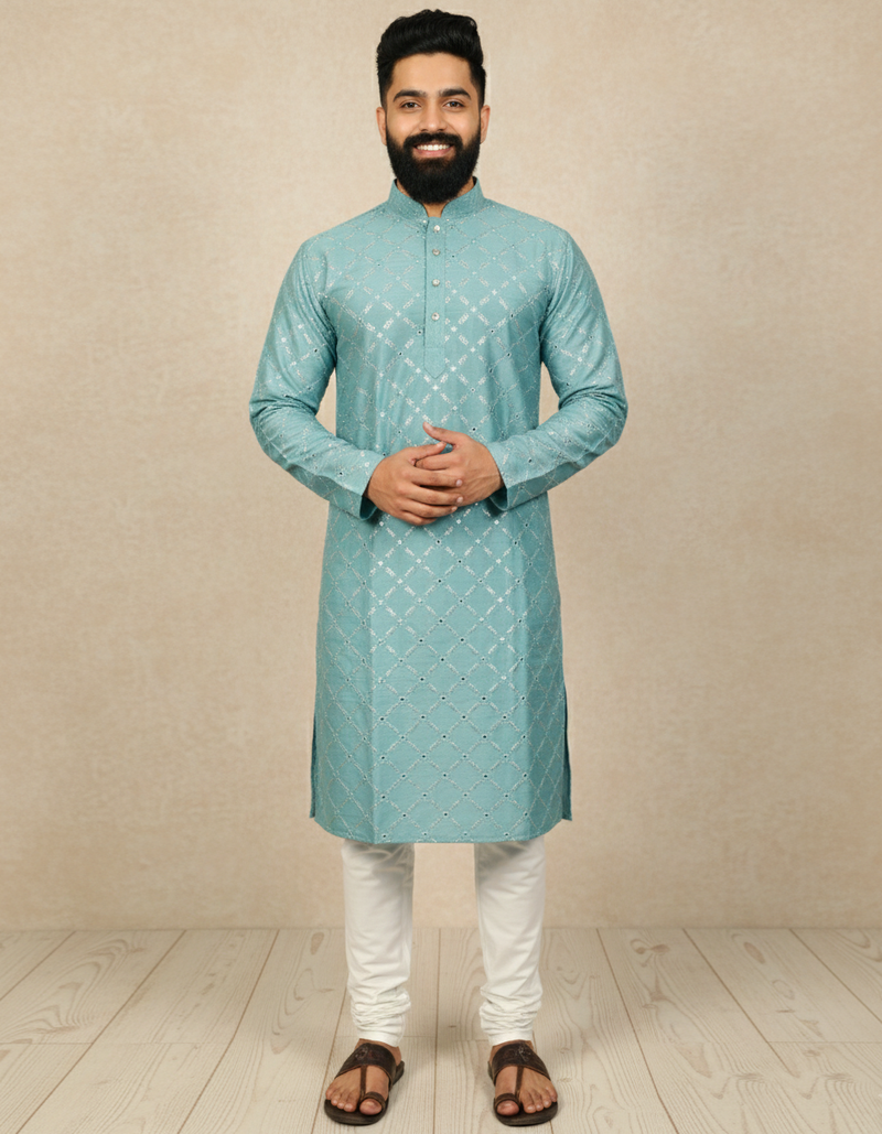 Light blue sequence work soft silk straight kurta pyjama