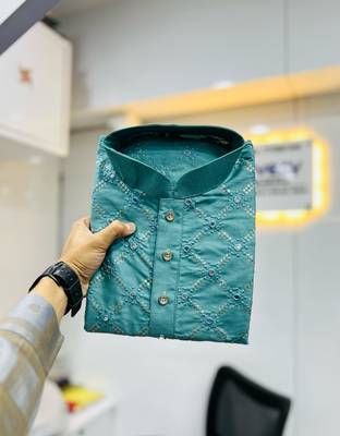 Light blue sequence work soft silk straight kurta pyjama 2