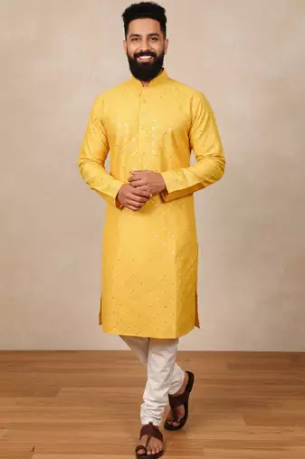 Yellow sequence work soft silk straight kurta pyjama