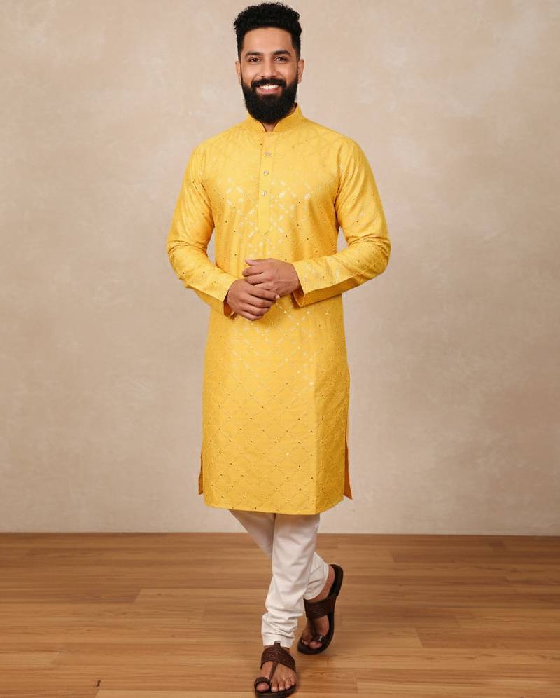 Yellow sequence work soft silk straight kurta pyjama