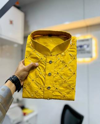 Yellow sequence work soft silk straight kurta pyjama 2