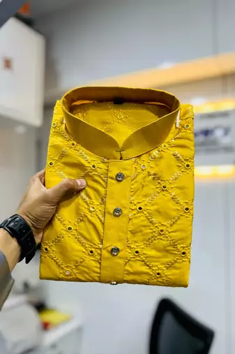 Yellow sequence work soft silk straight kurta pyjama