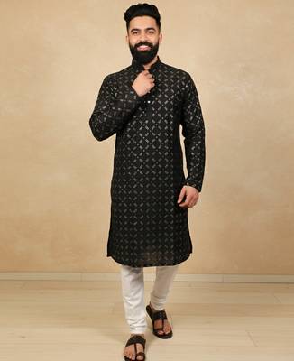 Black sequence work soft silk straight kurta pyjama 1