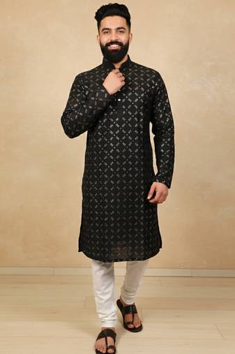 Black sequence work soft silk straight kurta pyjama