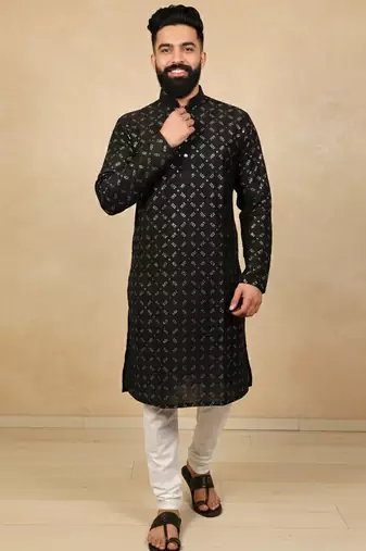 Black sequence work soft silk straight kurta pyjama