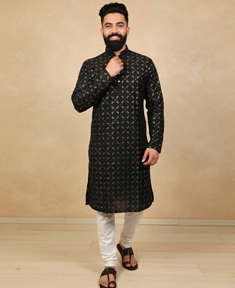 Black sequence work soft silk straight kurta pyjama
