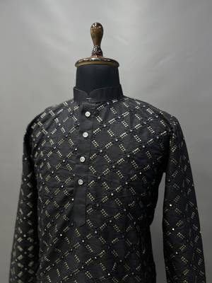 Black sequence work soft silk straight kurta pyjama 2