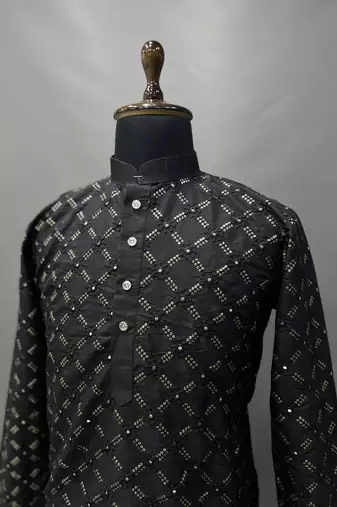 Black sequence work soft silk straight kurta pyjama