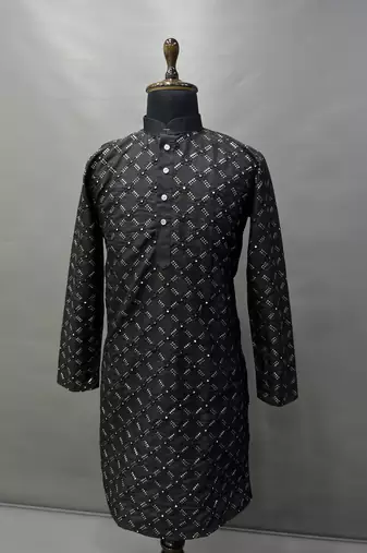 Black sequence work soft silk straight kurta pyjama