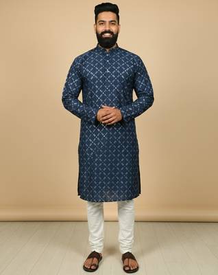 Navy blue sequence work soft silk straight kurta pyjama 1