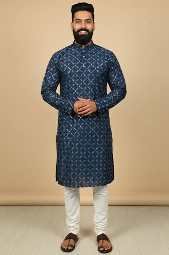 Navy blue sequence work soft silk straight kurta pyjama