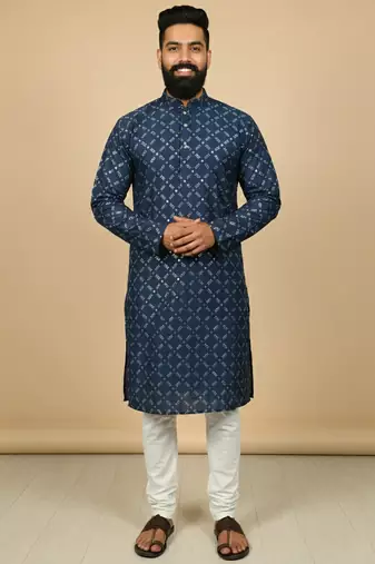 Navy blue sequence work soft silk straight kurta pyjama