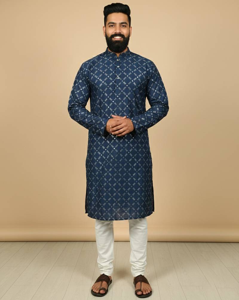 Navy blue sequence work soft silk straight kurta pyjama