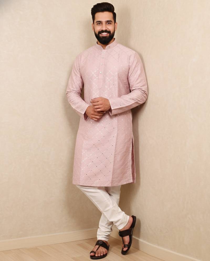 Mauve sequence work soft silk straight kurta pyjama