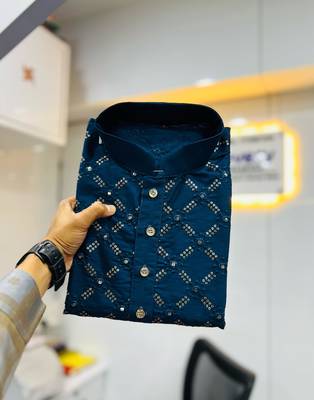 Navy blue sequence work soft silk straight kurta pyjama 2