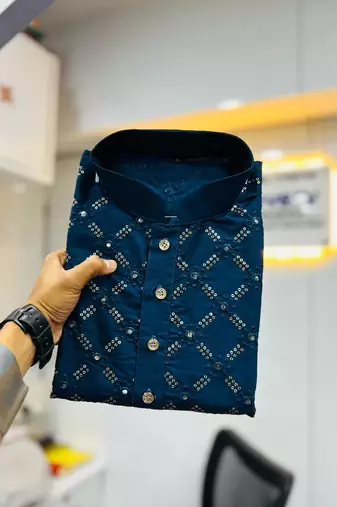 Navy blue sequence work soft silk straight kurta pyjama