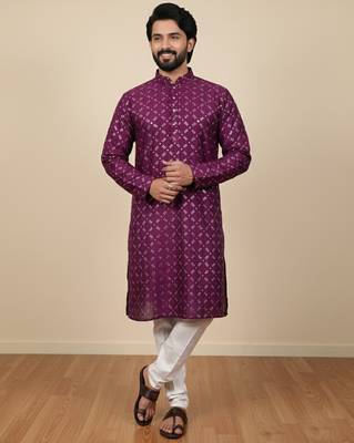 Wine sequence work soft silk straight kurta pyjama 1