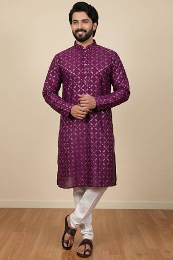 Wine sequence work soft silk straight kurta pyjama