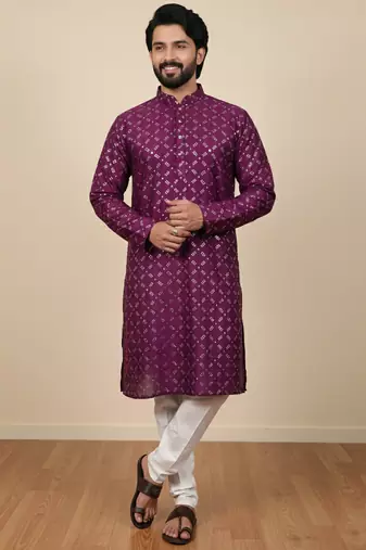 Wine sequence work soft silk straight kurta pyjama