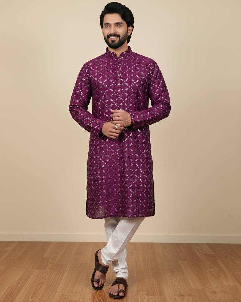 Wine sequence work soft silk straight kurta pyjama