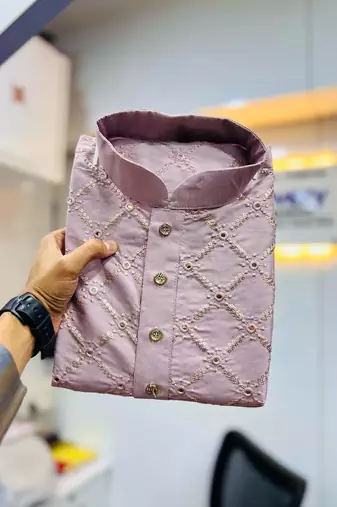 Mauve sequence work soft silk straight kurta pyjama