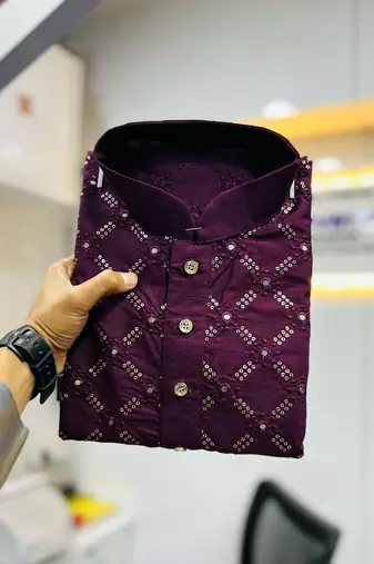 Wine sequence work soft silk straight kurta pyjama