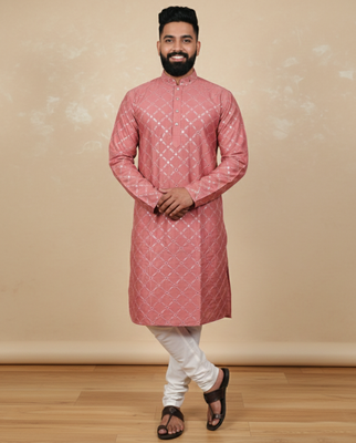 Pink sequence work soft silk straight kurta pyjama 1