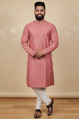 Pink sequence work soft silk straight kurta pyjama