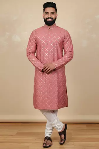 Pink sequence work soft silk straight kurta pyjama
