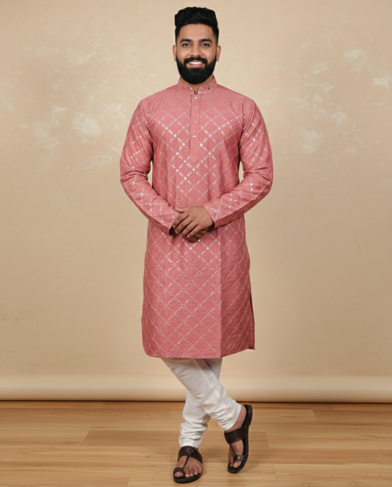 Pink sequence work soft silk straight kurta pyjama