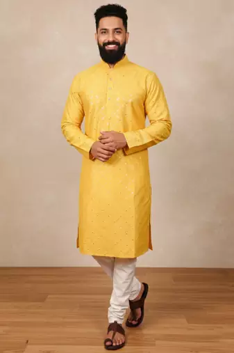Yellow sequence work soft silk straight kurta pyjama