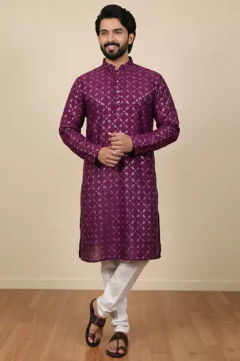 Wine sequence work soft silk straight kurta pyjama