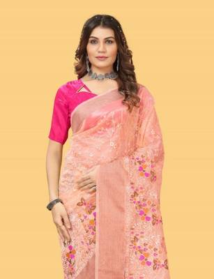 Peach Color Embroidered Organza Silk Saree 1