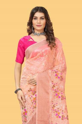 Peach Color Embroidered Organza Silk Saree