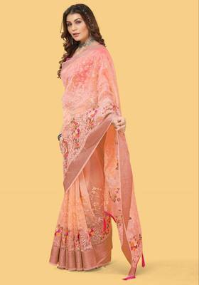 Peach Color Embroidered Organza Silk Saree 2