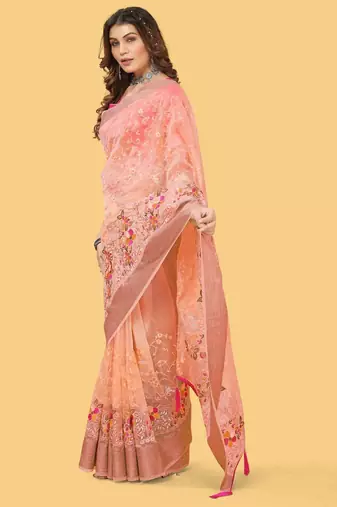 Peach Color Embroidered Organza Silk Saree