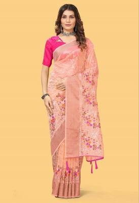 Peach Color Embroidered Organza Silk Saree 3