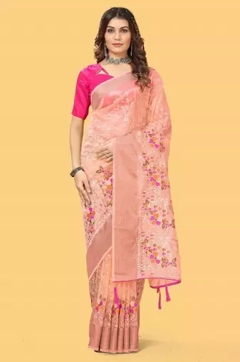 Peach Color Embroidered Organza Silk Saree
