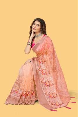 Peach Color Embroidered Organza Silk Saree 4