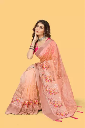 Peach Color Embroidered Organza Silk Saree